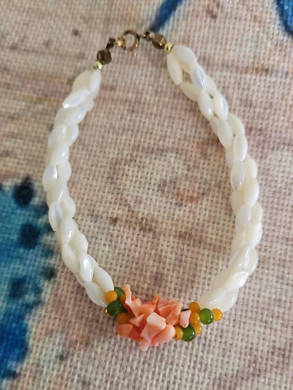 Vintage Mother of Pearl, Coral and Jade Bracelet